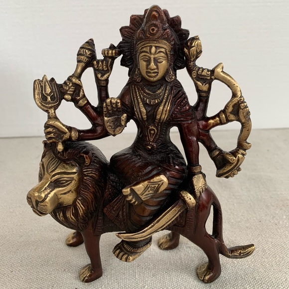 Durga & Lion Brass Statue Figurine with Antique Bronze Gold Finish - Picture 7 of 12
